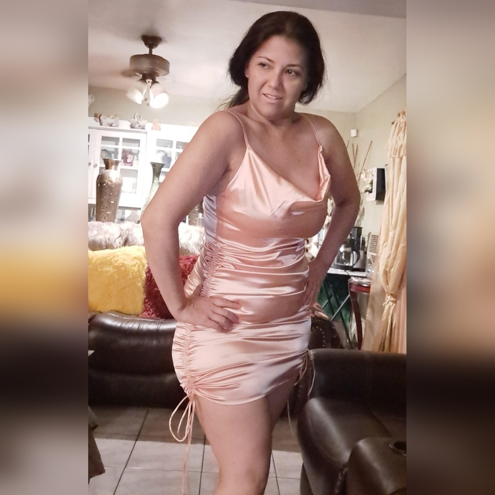 Shein Ruched Drawstring Knot Satin Dress - Picture 4 of 11